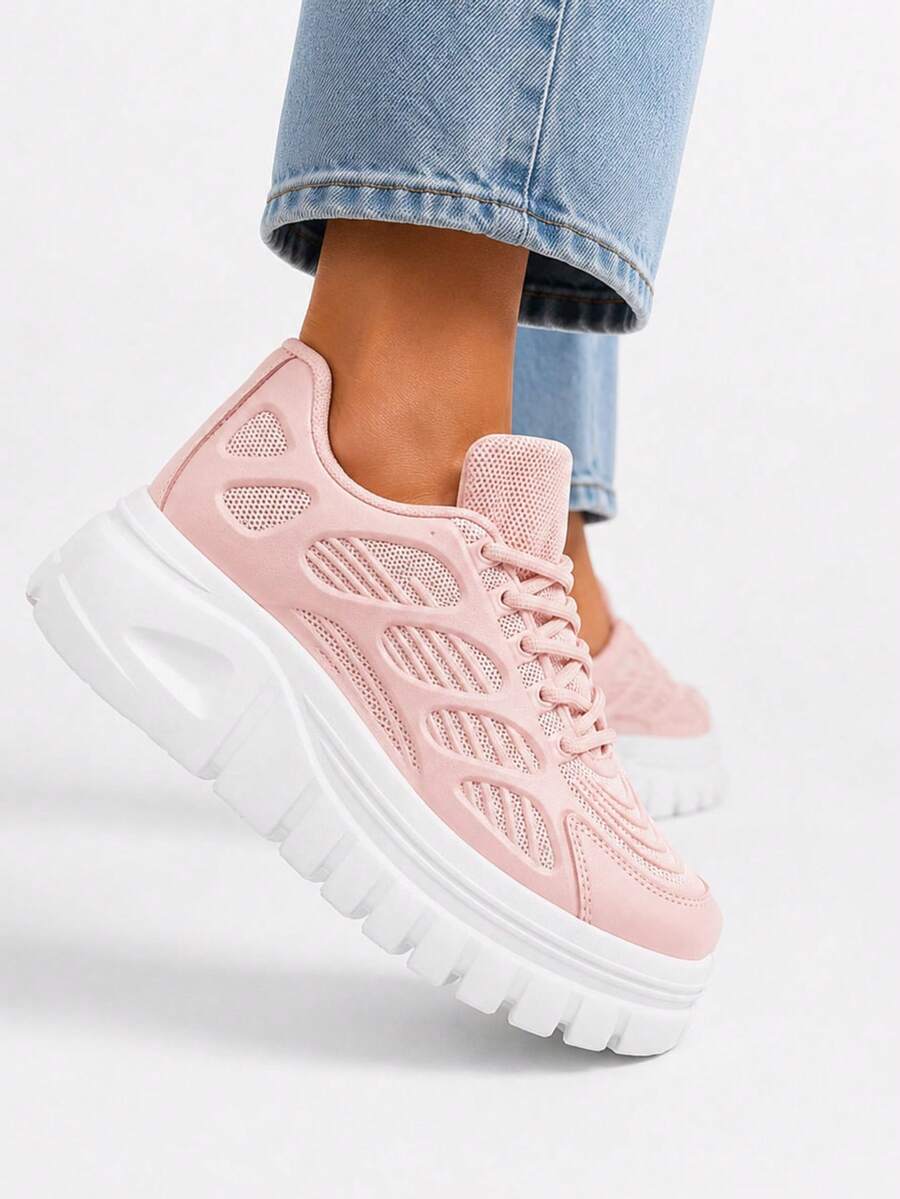 Women's Sports Shoes On A Platform, Lace-Up, Thick Sole - Pink - View 1