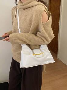 Fashionable Minimalist Retro Handbag, Modern Unique Pleated Design Crossbody Bag; Simple Versatile Solid Color Commuter Style Shoulder Bag - White - View 7