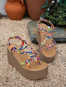 Sandalias de cuña con plataforma y correa trasera, calzado elevado versátil para mujer - Multicolor - Ver 5