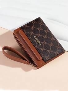 Dompet Wanita Minimalis Tekstur Leci Vintage, Tempat Kartu Lipat Dua Elegan Kelas Atas dengan Banyak Slot, Dompet Koin Pendek dengan Resleting dan Desain Huruf - Coffee Brown - View 2