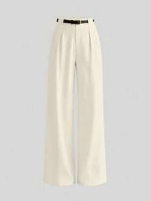 Elegant Solid-Color Mid-Rise Straight-Leg Trousers With Belt For Spring - Beis - View 1