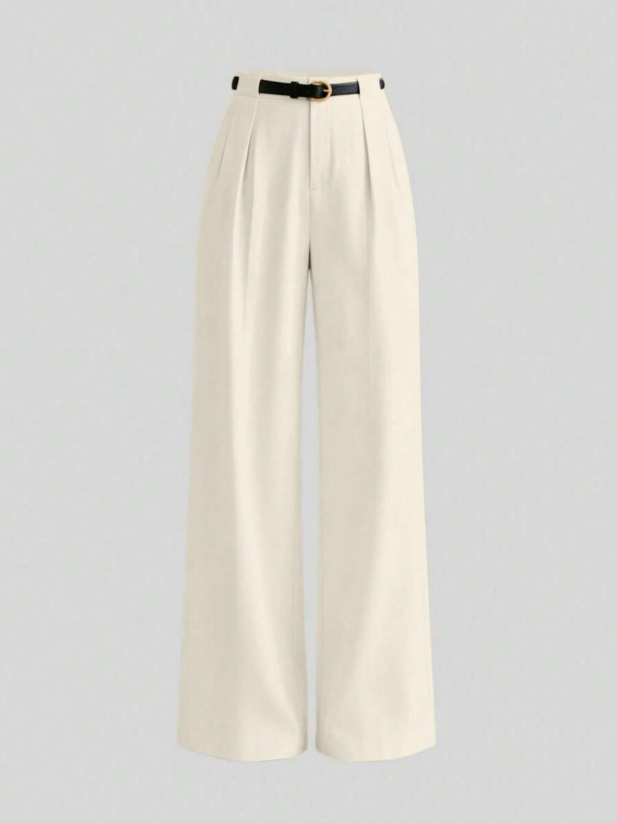 Elegant Solid-Color Mid-Rise Straight-Leg Trousers With Belt For Spring - Beis - View 1