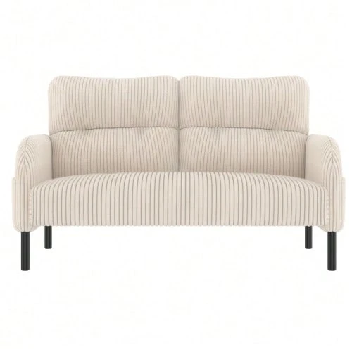 Sofá de dos plazas de pana con acolchado confortable, respaldo alto y bolsillos laterales, patas metálicas, bolsillos laterales integrados, suavidad acogedora y soporte óptimo, perfecto para espacios de relajación en la oficina en casa. - Beis - Ver 1