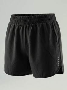 UONNOU 1pc Spring/Summer Women's Casual Shorts, Soft & Comfortable Fabric, Side Slit Mesh Design, Quick-Dry Sports - Black - View 3