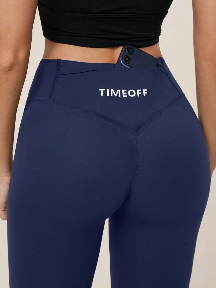 TimeOff 女款 1件 素色抓皺後腰帶口袋修身運動長褲 - 藏蓝色 - 查看 1