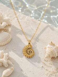 1pc Elegant Stainless Steel 18K Gold Plated Ocean Style Drip Oil Spiral Vortex Inspired Pendant Necklace, Summer Bohemian Style Jewelry - Beach Vacation, Classic Design, Suitable For Parties And Banquets, Unisex Valentine's Day Birthday Gift - Multicolor - View 13