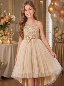 Girls Sequin Asymmetric Shoulder Lightweight Dress, Elegant Multi-Layer Tulle Bow Decor Princess Dress For Big Tween Girl - Gold - View 3