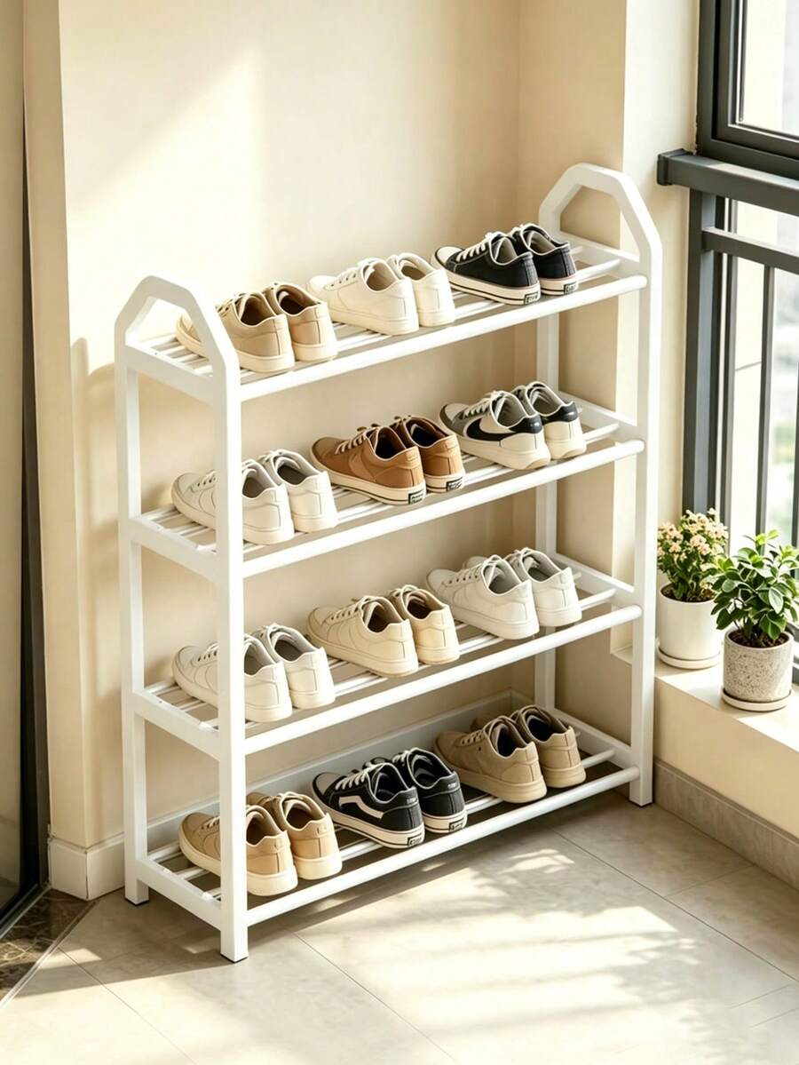 4-Tier White Shoe Rack, Easy Assembly Heavy Duty Metal Shoe Storage Rack, Multi-Functional Large Capacity Storage Shelf, Space-Saving Home Essential Suitable For Entryway, Closet, Hallway, Dorm, Bedroom, Durable Household Shoe Storage