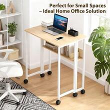 Folding Desk With Storage Shelf, 24.8 Inch Compact Table On Wheels For Small Spaces, Multi-Purpose Portable Writing And Study Desk  Home Office, Bedroom,Dorm, White - D - View 5