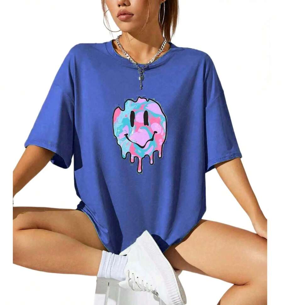 Camiseta De Hombros Caídos Con Estampado De Dibujos Animados - Blanco - Ver 1