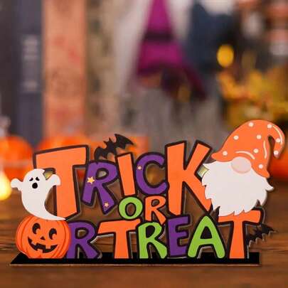 1pc Halloween Tabletop Decoration Featuring "Trick Or Treat" Lettering And Elements Like Gnomes And Spooky Pumpkins; Suitable For Table Settings At Halloween Parties And Family Gatherings
