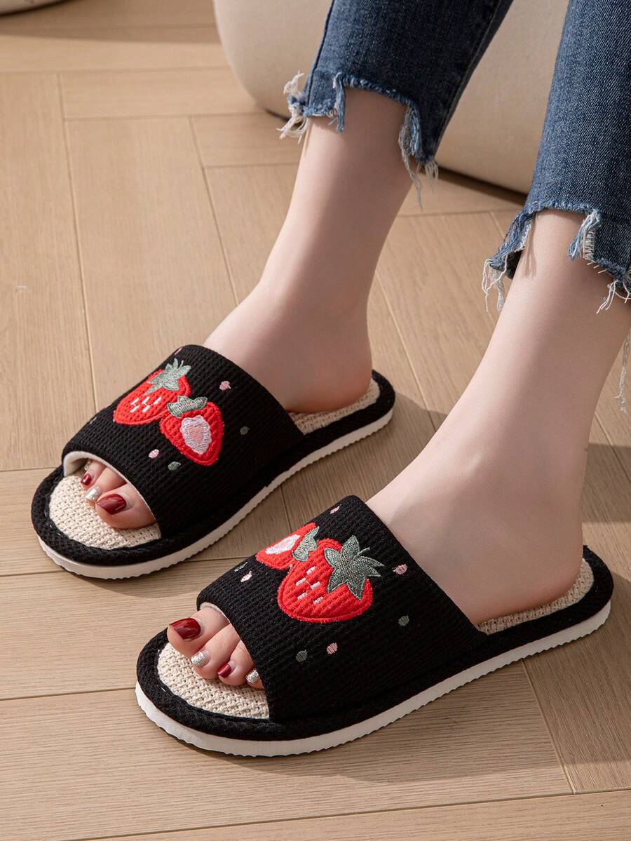 OBOVAY Women's Casual Fashion Open Toe Home Linen Slippers With Embroidered Strawberry Design, All Season - Breathable Black - View 1