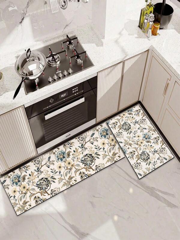 1pc Floral Rubber Kitchen Mat, Rustic Style Artistic Decor, Bohemian Design Floor Mat. Suitable For Placement In Front Of Sink, For Standing, Kitchen Decor