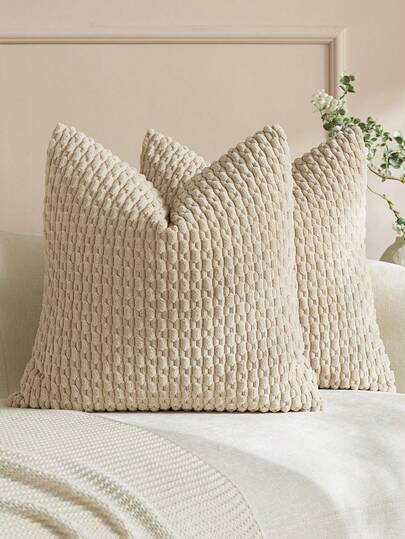 1pc/2pcs Beige Bohemian Striped Pillow Case (Without Pillow Insert), Soft Plush Corduroy Solid Color Decorative Square Pillow Case, Suitable For Holiday, Sofa, Bedroom, Bed, All Seasons
