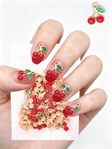20pcs 3D Cherry Nail Charms - Red And Pink Crystal Nail Gems With Green Leaves, Aluminum Alloy Fruit Nail Art Supplies For Manicure, Nail Jewelry, Nail Art - Red - View 1