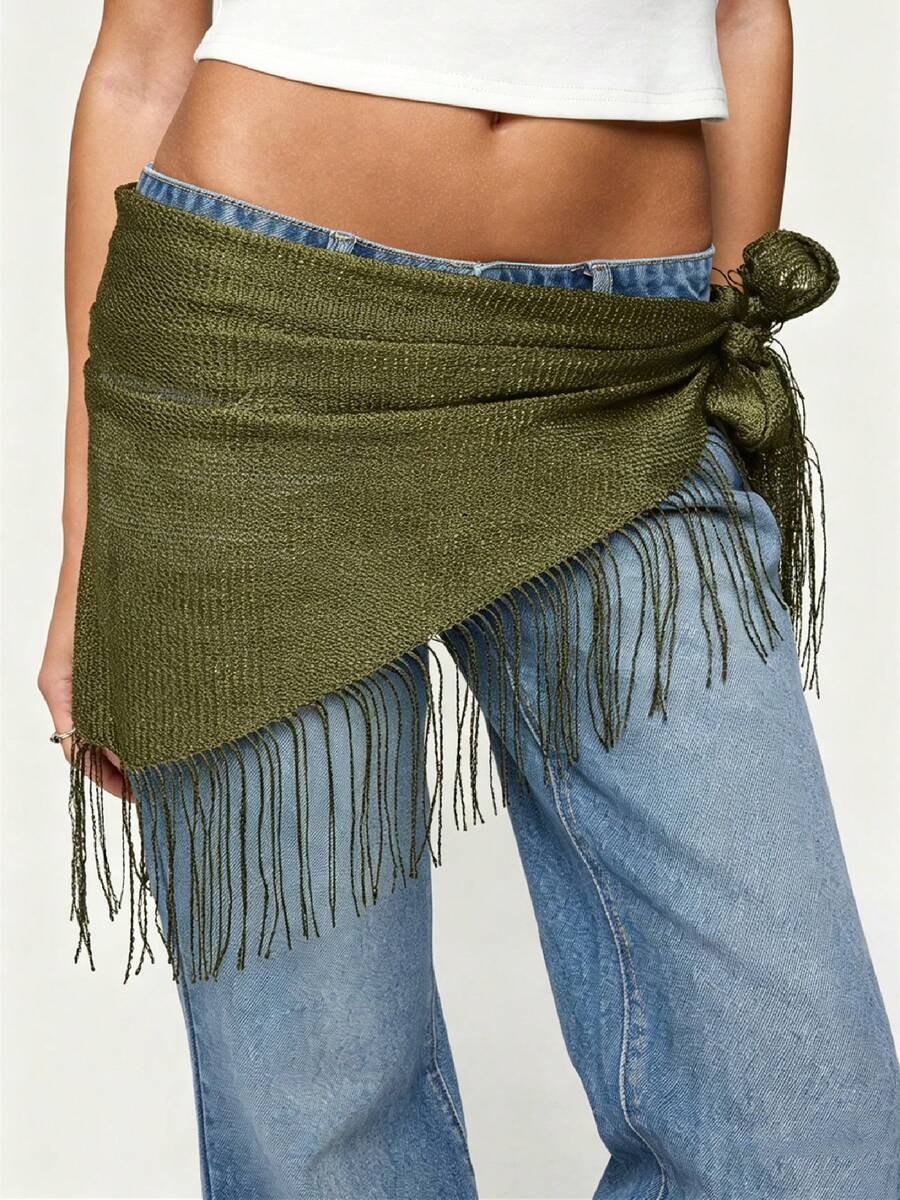 Women Belly Dance KnittingTassel Hip Scarf Triangle Belt Wrap Skirts Music Festival Sheer Mesh Waist Chain - 軍綠色 - 查看 1