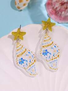 1 Pair Elegant Bohemian Design Fresh Unique Personalized Summer Marine Life Star Blue & White Print Seashell Acrylic Women's Earrings Suitable For Daily Commute, Summer Beach Party Wear Women's Jewelry - Multicolor - View 3