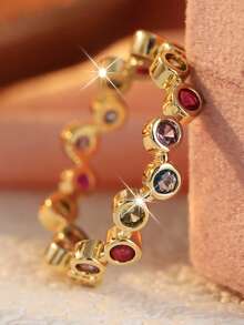 Anillo creativo vintage asimétrico con incrustaciones de circonita sintética multicolor, anillo redondo con motas arcoíris, anillo de cóctel, accesorio de joyería exquisito para fiesta de vacaciones - color - Ver 2