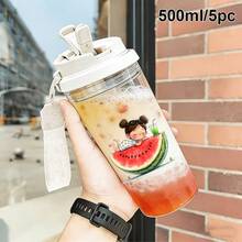 1個/5個 500ml 可愛西瓜女孩印花便攜杯，附吸管與提繩的塑膠水瓶，防漏杯，日系可愛夏季圖案，適合冰咖啡、冷萃咖啡與日常夏季飲品，好朋友生日禮物，西瓜愛好者 - 多色-小人西瓜 - 查看 11