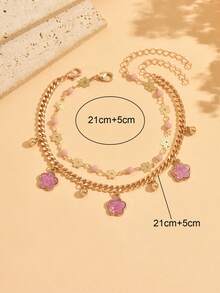 2pcs/Set Sweet Luxury Double Layered Anklet, Pink Clover With Gold Flower Chain, Women's Foot Jewelry, Suitable For Commuting, Dating, Vacation, Beach And Various Occasions - Multicolor - View 4