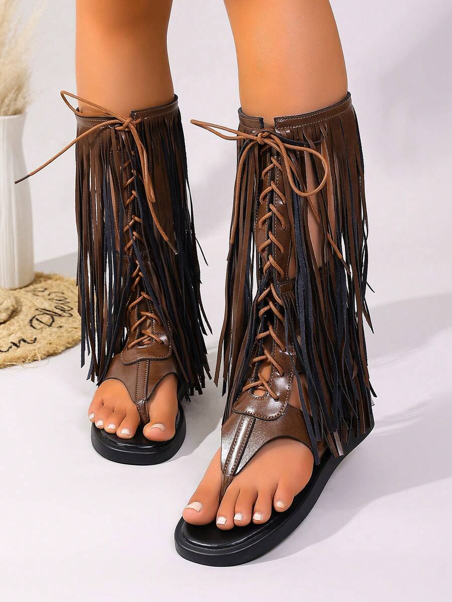 夏季新款棕色流蘇夾趾女款西式高筒平底度假羅馬涼鞋 前後拉鍊涼鞋靴 - 棕色 - 查看 1