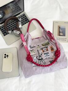 Tas Tote Bordir Landmark Paris Gaya Jepang, Nilon Ringan, Tas Komuter 3 Cara: Bahu/Selempang/Jok - MultiWarna - View 9