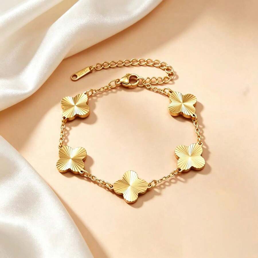 Luxury Gold Plated Four-Leaf Clover Chain Bracelet For Women – Radiant Laser-Cut Flower Design, Adjustable Clasp - Four-leaf Clover - View 1