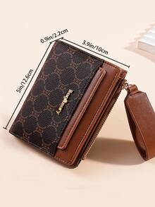 Dompet Wanita Minimalis Tekstur Leci Vintage, Tempat Kartu Lipat Dua Elegan Kelas Atas dengan Banyak Slot, Dompet Koin Pendek dengan Resleting dan Desain Huruf - Coffee Brown - View 3
