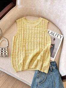 1 pieza Chaleco de punto sin mangas de textura acanalada, de estilo vintage, de alta gama, cuello redondo, de color contrastante, de moda minimalista, para el verano - Amarillo - Ver 8