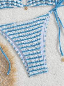 Premium European Halter Bikini With Striped Wavy Split Design, Stylish Color-Block Swimwear Summer - Sky Blue - View 4