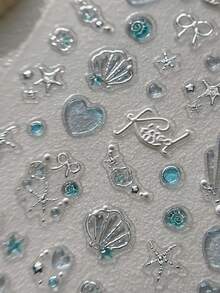 1片冰藍貝殼光銀箔壓印海洋浮雕3D防水自黏美甲貼紙，DIY裝飾 - 淺藍色 - 查看 8