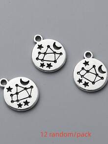 12pcs Random Assorted 12 Zodiac Signs Alloy Pendants DIY Handmade Jewelry Accessories, Astrological Star Moon Round Charms, Vintage Silver-Tone Pendants For Bracelets, Necklaces, Keychains - Multicolor - View 19