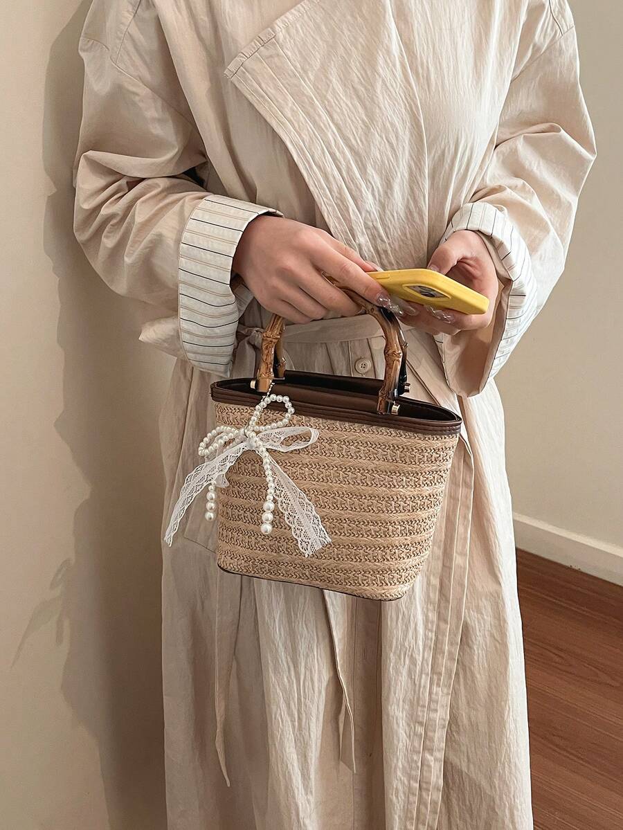 手工編織竹結手提包 | 高品質草編 + PU皮革拼接 | 手提/斜背 2-Way 使用 | 大容量分層收納 - 卡其色 - 查看 1