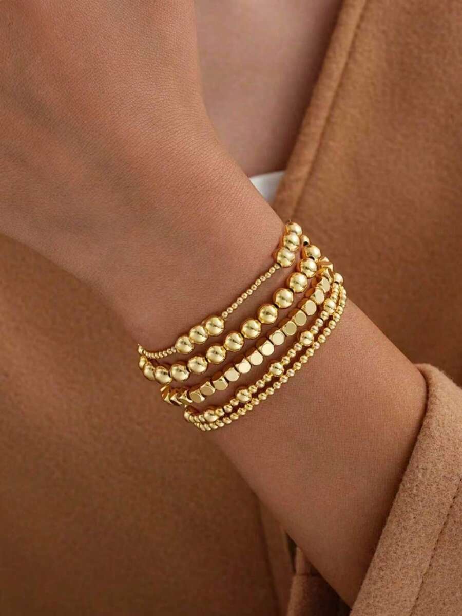 5pcs Personalized Fashion Elastic Beaded Multi-Piece Bracelet Set, CCB Material, High-End Style Accessories For Women - Yellow Gold - View 1