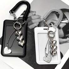 1pc Card Holder With Keychain - Cute And Practical Plastic Design, Suitable For Storing ID Cards, Credit Cards And Keys - Black And White Heart Pendant, Durable And Fashionable Women's Accessory - Heart-shaped Pendant + Spring + Card Holder - View 10