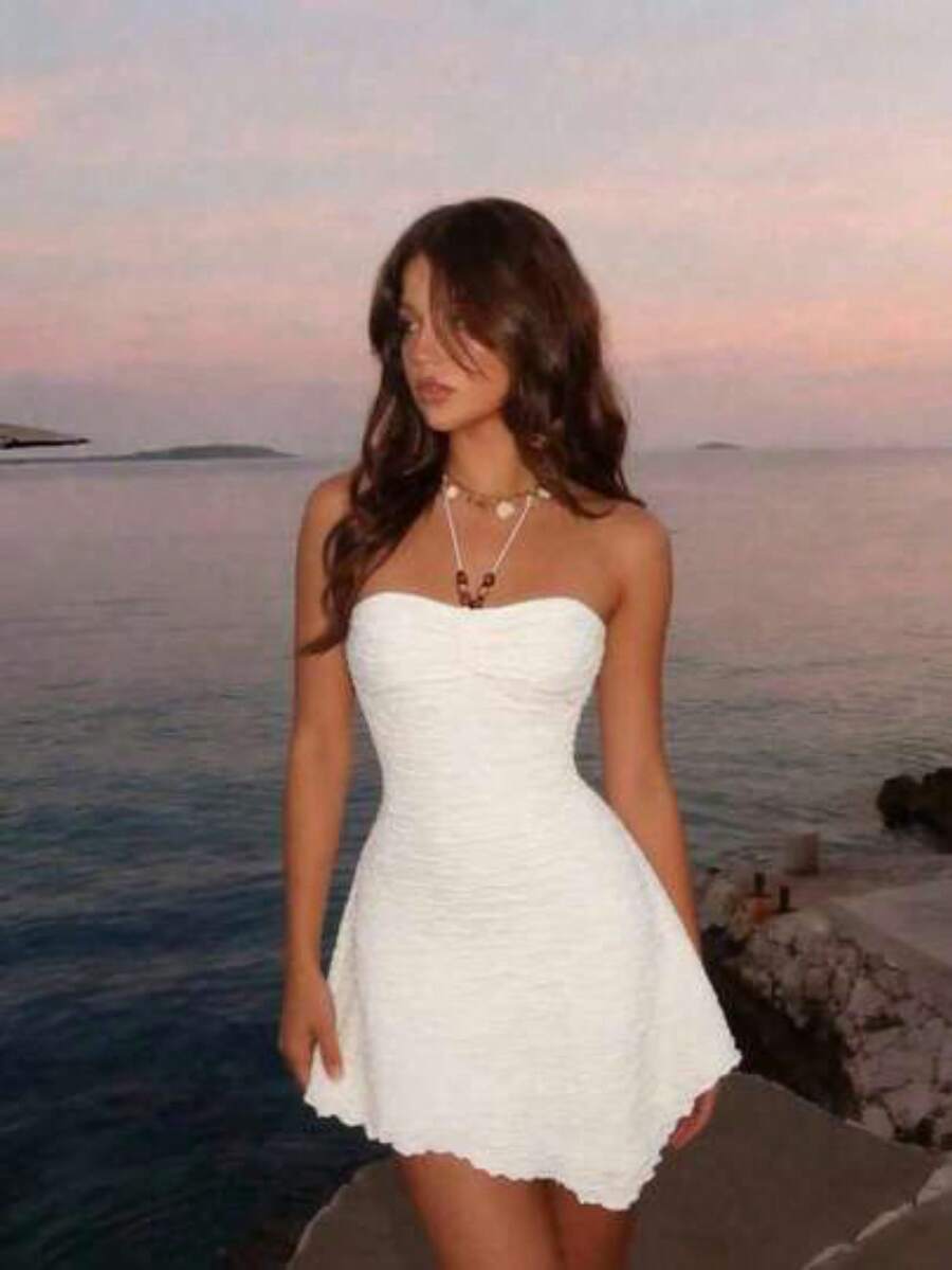 MOD Vestido de mujer de unicolor con cuello halter y bajo asimétrico - Albaricoque - Ver 1