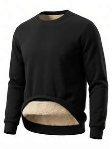 Men's Autumn/Winter Fashion Casual Crew Neck Solid Color Thermal Lined Pullover Long Sleeve Sweatshirt - Black - View 3