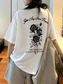 女款圓領寬鬆休閒字母&玫瑰花印花短袖T恤，春/夏白色 - 白色 - 查看 3