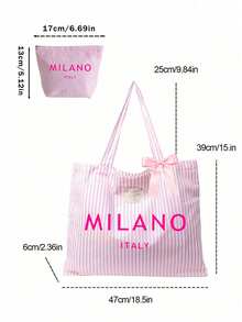 「Milan」字母印花復古條紋帆布托特包,附緞帶,化妝包,女款大容量條紋單肩包,可重複使用購物袋,休閒手提包,文具袋,學生鉛筆盒,內部寬敞輕巧耐用,適用於旅行、工作、上學、海灘、買菜、購物、週末出遊,開口設計方便使用,可水洗托特包,適合女性、媽媽、女孩的完美禮物,畢節紀念品,教師節禮物,節日、開學、生日、開學季、畢業季 - 彩色 - 查看 10