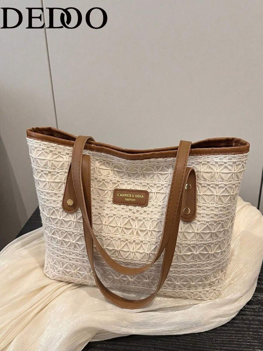 Dedoo 大容量編織托特包,輕量購物肩背包,夏季旅行必備,女款度假手提包後背包便攜款 - 棕色 - 查看 1