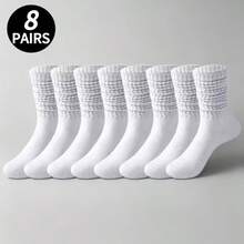 8 Pares de Meias Brancas Unissex Estilo Slouch, Meias Versáteis de Cano Médio Estilo Escolar Japonês, Alta Elasticidade Sem Aperto e Antiderrapante, Uso Duradouro Sem Escorregar, Adequadas para Esportes e Uso Diário - Meias de Cor Sólida Laváveis à Mão, Adequadas para Treinamento e Casual - Multicolorido - Visão 8