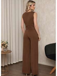 Elegant Tailored Vest And Trousers Set - Formal/Casual - 咖啡棕 - 查看 2