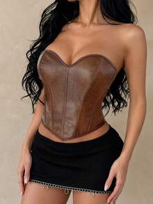 ApperlothPOP Gothic Style Corset Top PU Leather Shoulder Strap Skull Asymmetric Sexy Halloween Christmas Autumn/Winter Women's Clothing - Brown - View 2