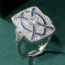 Vintage Art Deco Geometric Sapphire Ring, Full Diamond Halo, Light Luxury Niche Elegant Engagement Gift For Women, Exquisite Silver Ring - Silver - View 6