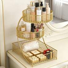 Extra Large Cosmetic Storage Rack, 3-Layer Large Capacity, Polished Metal, No Installation Required, Bathroom Storage Rack, For Countertops, Bathroom Countertops, Dressing Table Countertops - Gold - View 1
