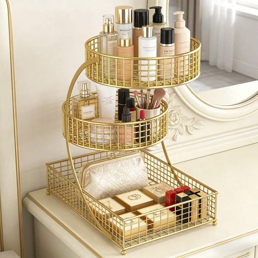 Extra Large Cosmetic Storage Rack, 3-Layer Large Capacity, Polished Metal, No Installation Required, Bathroom Storage Rack, For Countertops, Bathroom Countertops, Dressing Table Countertops - Gold - View 1