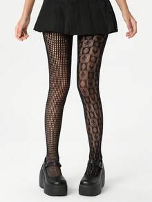 1 par de medias de red con patrón de cartas de juego, talla grande, sexy, lindo, gótico, para cita nocturna, fiesta, Halloween, primavera, otoño, disfraz de Halloween para mujeres - Multicolor - Ver 1