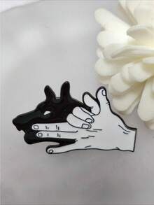 1PC Hand Shadow Wolf Enamel Pin Silhouette Brooch, Retro Shadow Play Lapel Badge, Gift For Fans Of Retro & Whimsical Art - Black and White - View 3