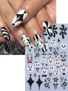 5D Cartoon Clown Nail Sticker 2pcs Black White Funny Clown Expression Star Heart Bow Spiral Line Design DIY Y2K Gothic Autumn Winter Halloween Festival Theme Self-Adhesive Decal Slider Nail Art Decoration Nail Supplies - Multicolor - View 4