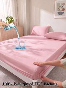 1 pieza Sábana ajustable impermeable, Ropa de cama, Sábana ajustable, Cubrecolchón, Rosa, Ropa de cama suave y cómoda para el dormitorio, Protector de colchón amigable con la piel, Adecuado para Queen, King, Twin todos los tamaños, Protector de colchón y almohadilla de colchón funda suave - Rosa - Ver 1